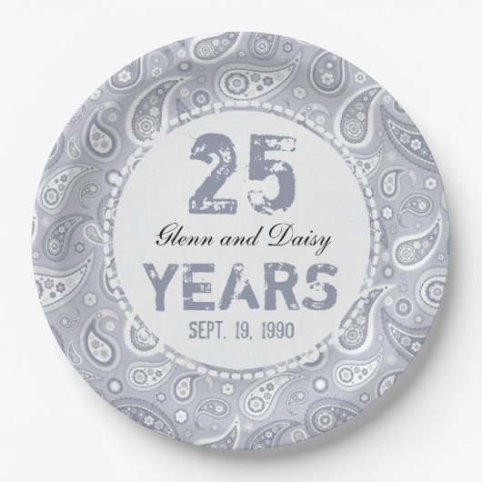 25e Silver Wedding Jubileum Paisley Pattern Papieren Bordje (Voorkant)
