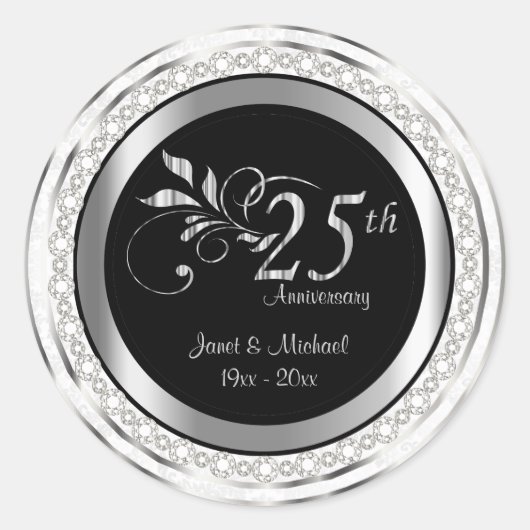 25e Silver Wedding Jubileum - Witte Damask Ronde Sticker (Voorkant)