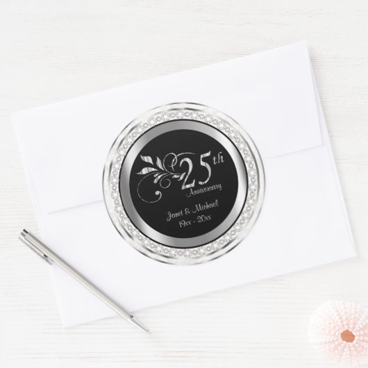 25e Silver Wedding Jubileum - Witte Damask Ronde Sticker (Envelop)