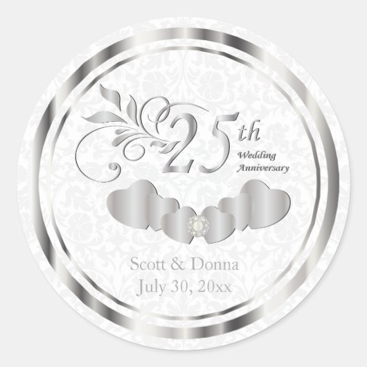 25e Silver Wedding Jubileum - Witte Damask Ronde Sticker (Voorkant)