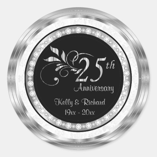 25e Silver Wedding Jubileum - Witte Damask Ronde Sticker (Voorkant)
