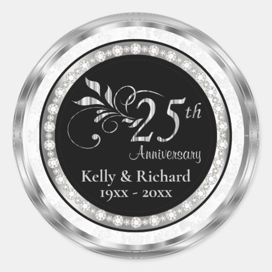 25e Silver Wedding Jubileum - Witte Damask Ronde Sticker (Voorkant)