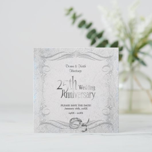 25e stijlvol zilver-Jubileum Save The Date (Staand voorkant)