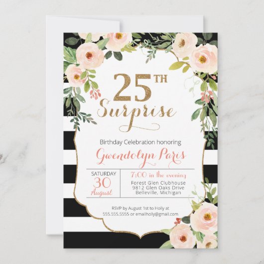 25e Surprise Black White Stripe Floral Birthday Kaart (Voorkant)