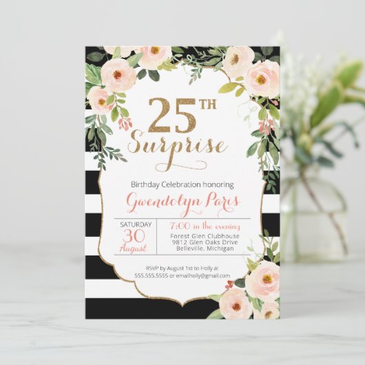 25e Surprise Black White Stripe Floral Birthday Kaart (Staand voorkant)