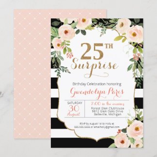 25e Surprise Black White Stripe Floral Birthday Kaart