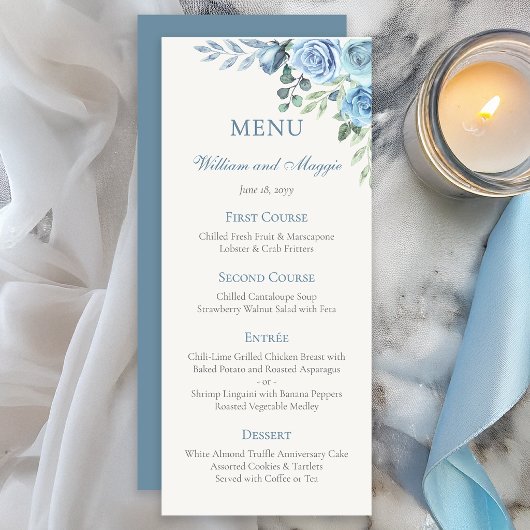 25e trouwdag blauw bloemmotief elegant menu