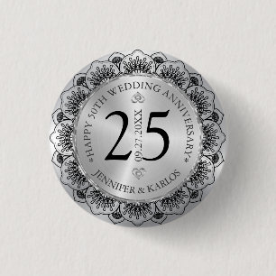 25e trouwdag met zwarte kant & zilver ronde button 3,2 cm