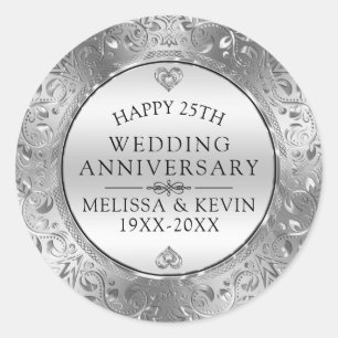 25e trouwdag Silver Floral Lijst Ronde Sticker