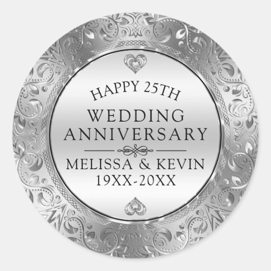 25e trouwdag Silver Floral Lijst Ronde Sticker (Voorkant)