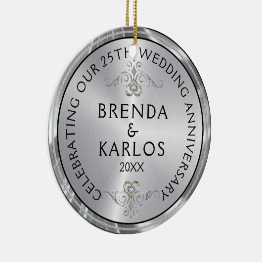25e trouwdag zilver en witte diamanten keramisch ornament (Rechts)