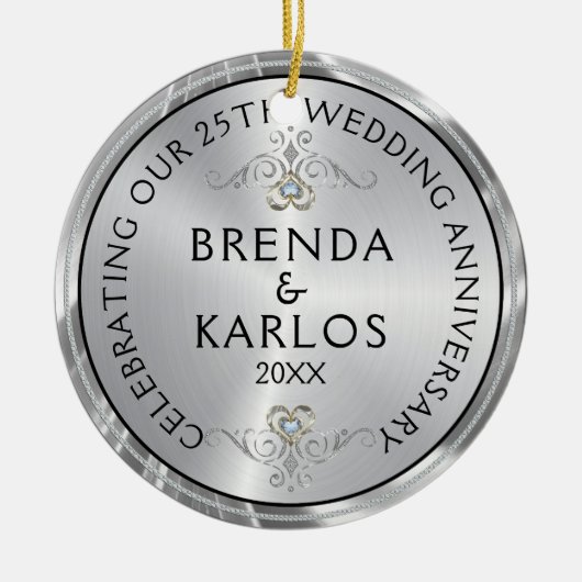 25e trouwdag zilver en witte diamanten keramisch ornament (Voorkant)