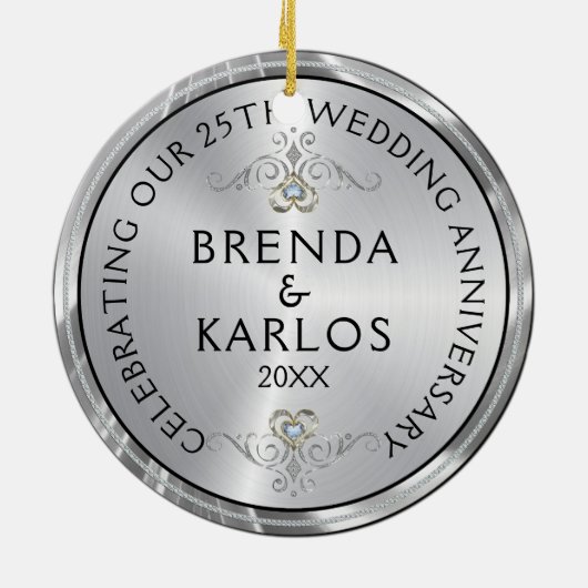25e trouwdag zilver en witte diamanten keramisch ornament (Achterkant)