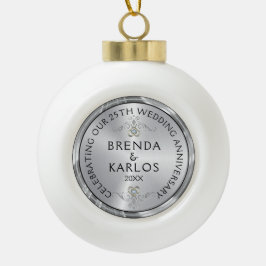 25e trouwdag zilver & witte diamanten c keramische bal ornament