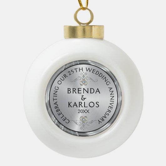 25e trouwdag zilver & witte diamanten c keramische bal ornament (Voorkant)