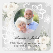 25e trouwdag zilveren foto bloemen vierkante sticker (Voorkant)
