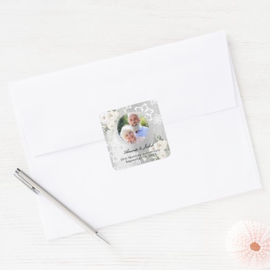 25e trouwdag zilveren foto bloemen vierkante sticker (Envelop)