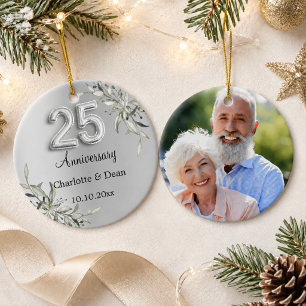 25e trouwdag zilveren foto groen keramisch ornament