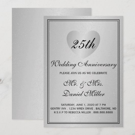 25e trouwdag zilveren glamour hart kaart (Voorkant / Achterkant)