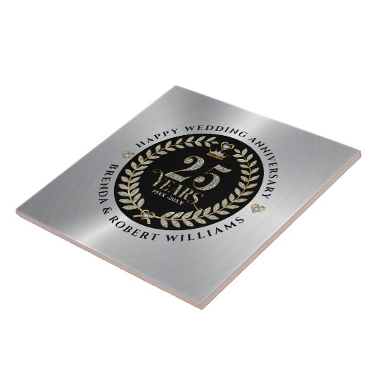 25e trouwdag zilveren glitter en goud tegeltje (Zijkant)