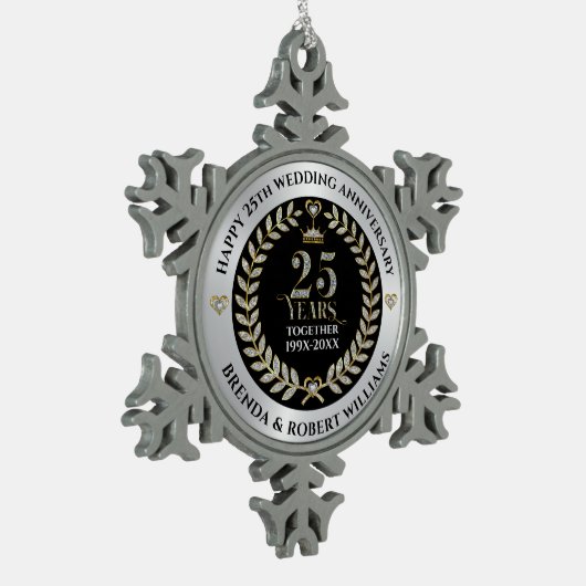 25e trouwdag zilveren glitter en goud tin sneeuwvlok ornament (Links)