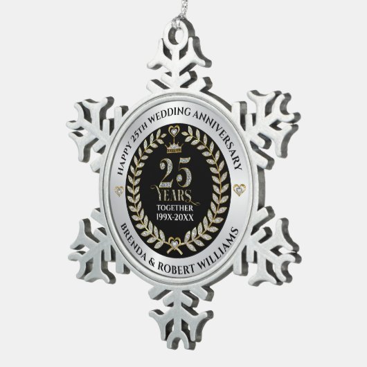 25e trouwdag zilveren glitter en goud tin sneeuwvlok ornament (Rechts)