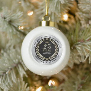 25e trouwdag zilveren glitters en goud keramische bal ornament