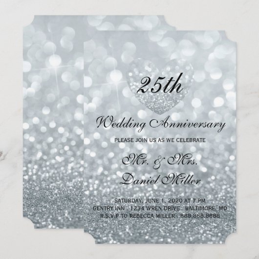 25e trouwdag zilveren glitters hart kaart (Voorkant / Achterkant)