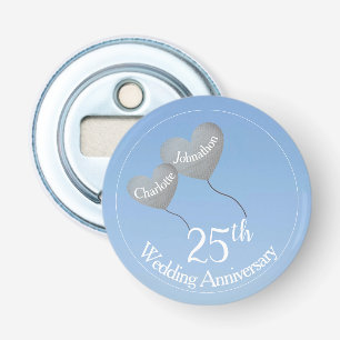 25e trouwdag zilveren hartballonnen button flesopener