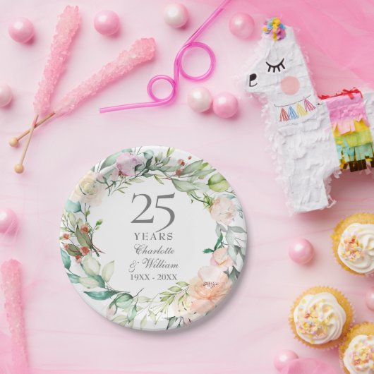 25e trouwdag zilveren waterverf bloemmotief papieren bordje (Feest)