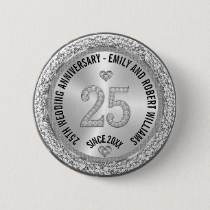25e trouwdag zilveren witte diamanten ronde button 5,7 cm