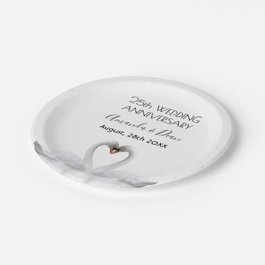25e trouwdag zilveren witte zwanen papieren bordje (Gekanteld)