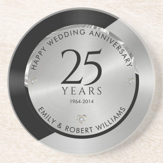 25e trouwdag zwart en zilver 2 zandsteen onderzetter (Voorkant)