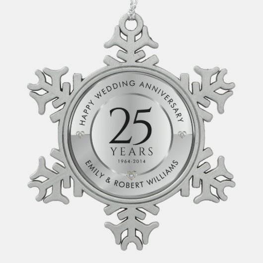 25e trouwdag zwart en zilver tin sneeuwvlok ornament (Voorkant)