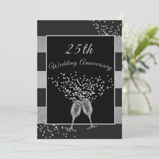 25e trouwdag zwart zilver chic elegant kaart (Staand voorkant)