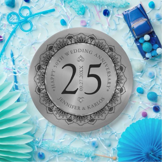 25e trouwdag zwarte kant & goud papieren bordje (Feest)