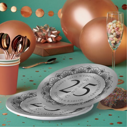 25e trouwdag zwarte kant & goud papieren bordje (Multi)