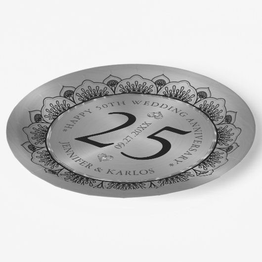 25e trouwdag zwarte kant & goud papieren bordje (Gekanteld)