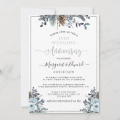 25e trouwdagjubileum, zilver, marineblauwe bloemen kaart (Voorkant)