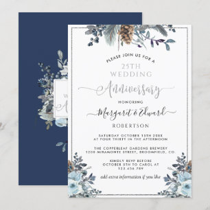 25e trouwdagjubileum, zilver, marineblauwe bloemen kaart
