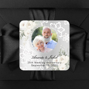 25e trouwjubileum zilveren foto bloemen vierkante sticker