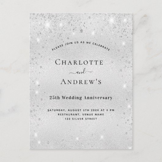 25e trouwjubileum zilveren glitterfeest uitnodiging briefkaart (Voorkant)