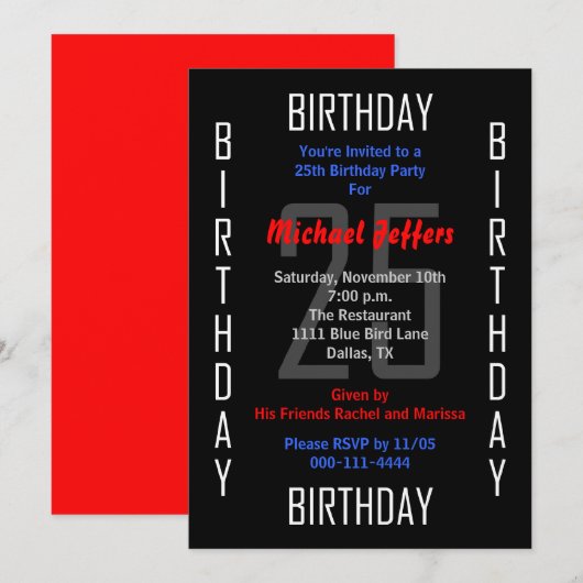 25e Uitnodiging voor verjaardagsfeestje 25 (Voorkant / Achterkant)