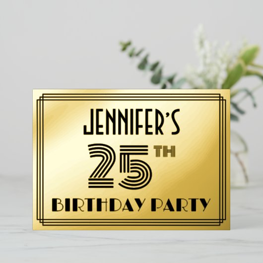 25e verjaardag — Art Deco Style "25" en naam Folie Uitnodiging (Staand Voorkant)