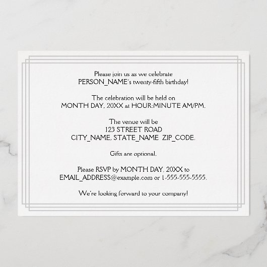 25e verjaardag — Art Deco Style "25" en naam Folie Uitnodiging (Achterkant)