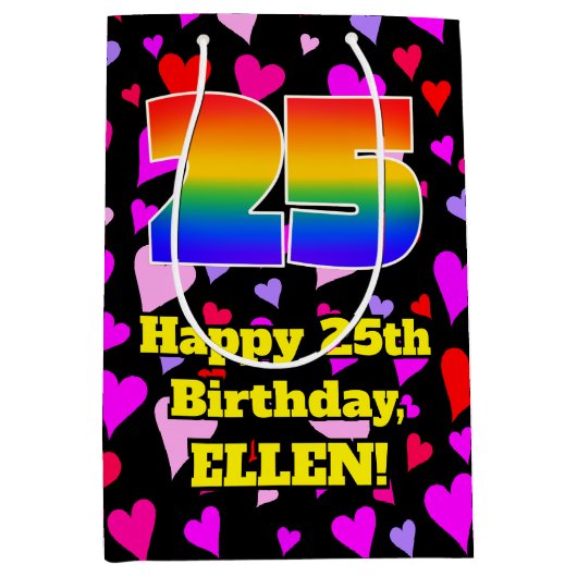 25e verjaardag: Beeldende hartenpatronen, regenboo Medium Cadeauzakje (Voorkant)