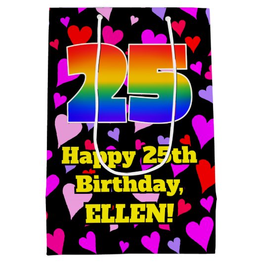 25e verjaardag: Beeldende hartenpatronen, regenboo Medium Cadeauzakje (Achterkant)