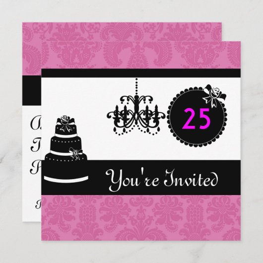 25e verjaardag Black & White & PINK Damask in Kaart (Voorkant / Achterkant)