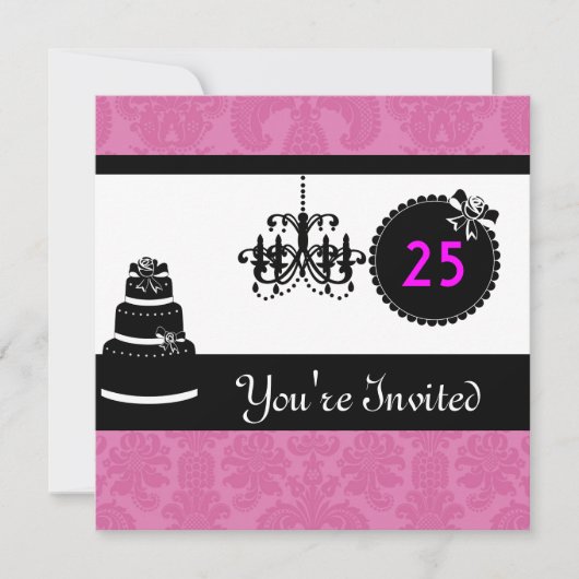 25e verjaardag Black & White & PINK Damask in Kaart (Voorkant)