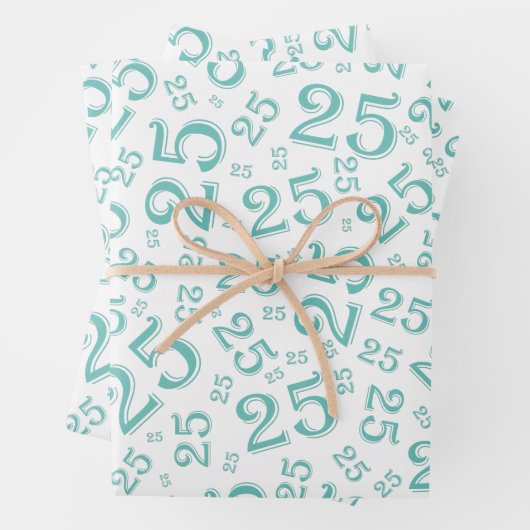 25e verjaardag Blauwgroen & wit Random Number Patt Inpakpapier Vel (In situ)